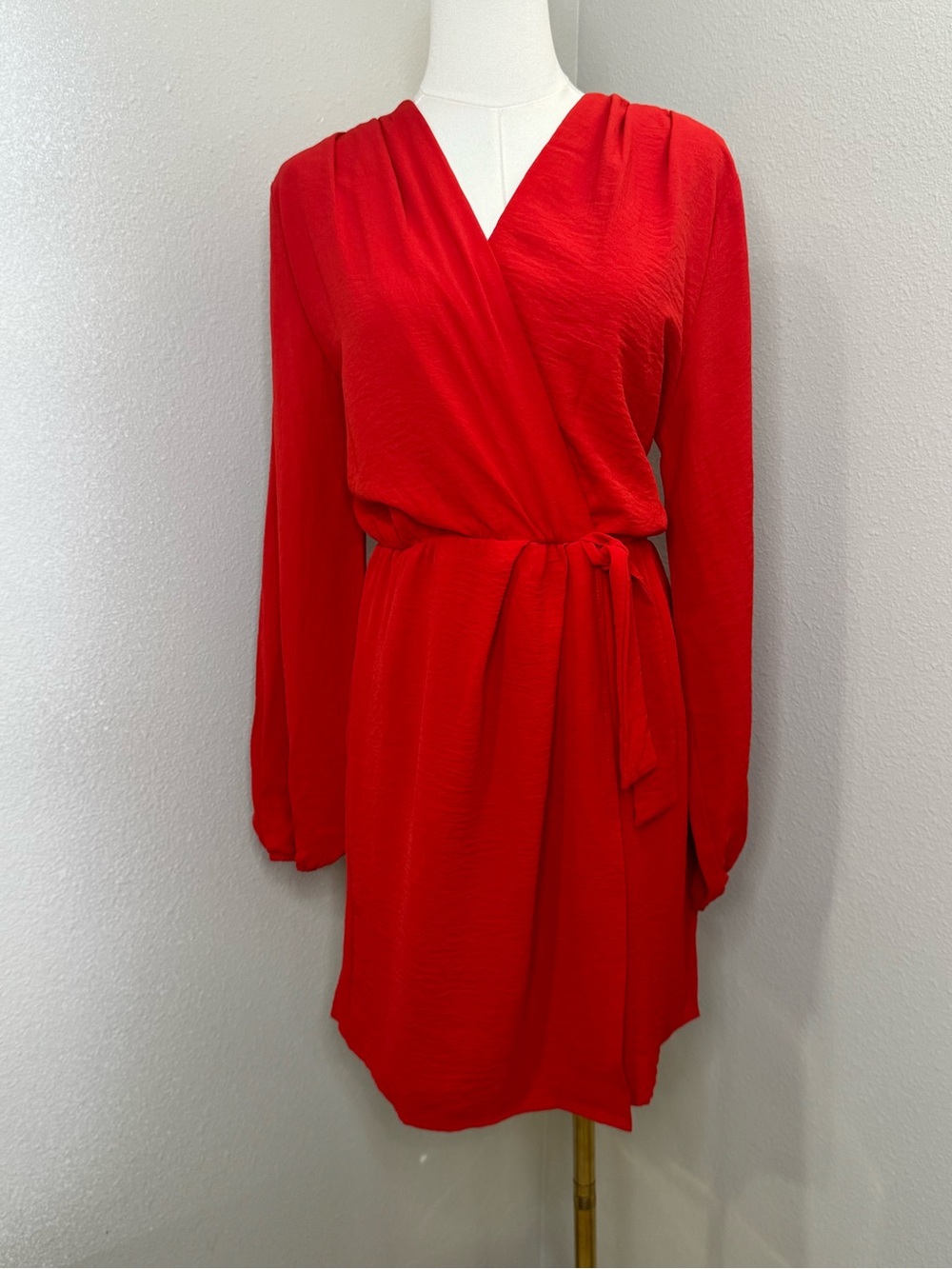 Fraiche by J Red Long Sleeve Wrap Mini Dress Tie Waist L NWT Made in USA